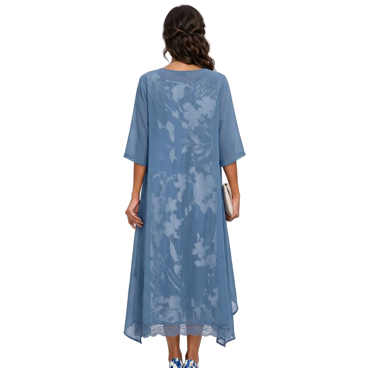 Flora Women’s Maxi Dress featuring a vibrant floral pattern paired with a stylish layered cardigan, perfect for spring and summer outings. 1