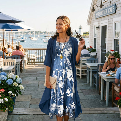 Flora Women’s Maxi Dress featuring a vibrant floral pattern paired with a stylish layered cardigan, perfect for spring and summer outings. 2