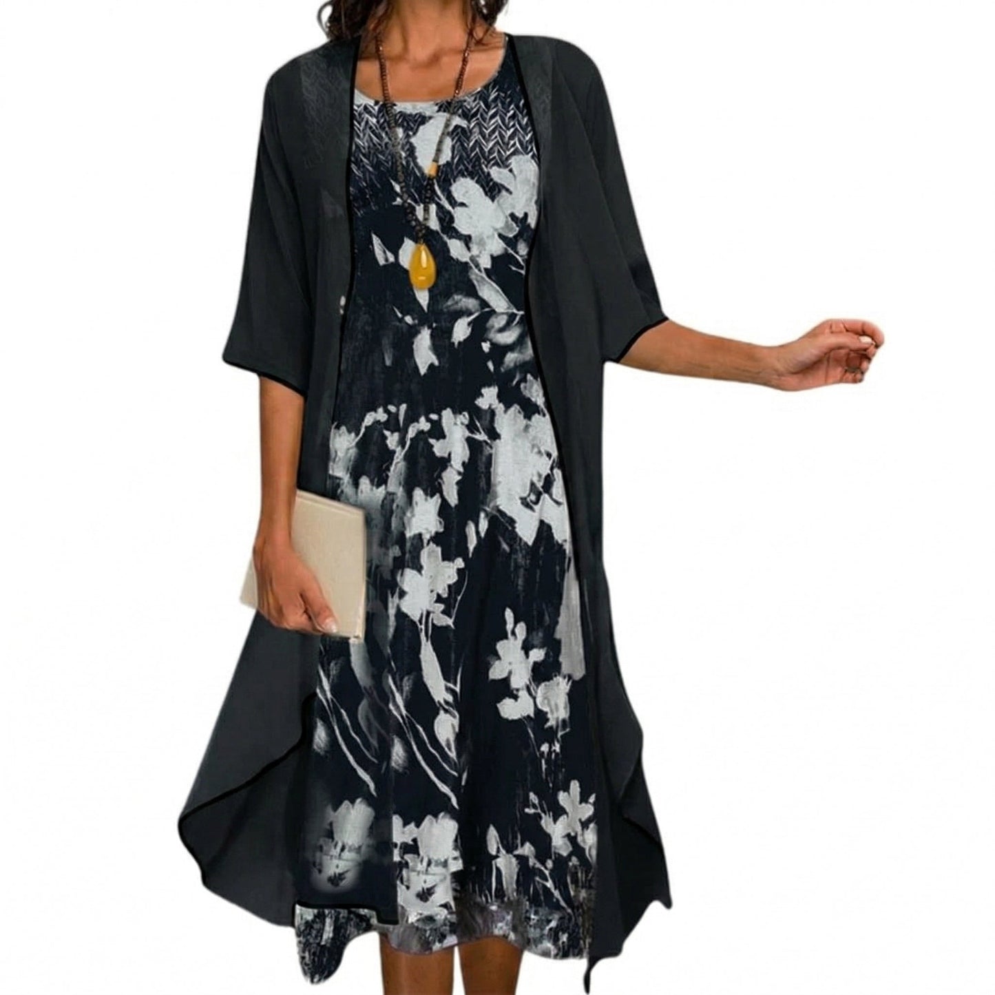 Flora Women’s Maxi Dress featuring a vibrant floral pattern paired with a stylish layered cardigan, perfect for spring and summer outings. 5