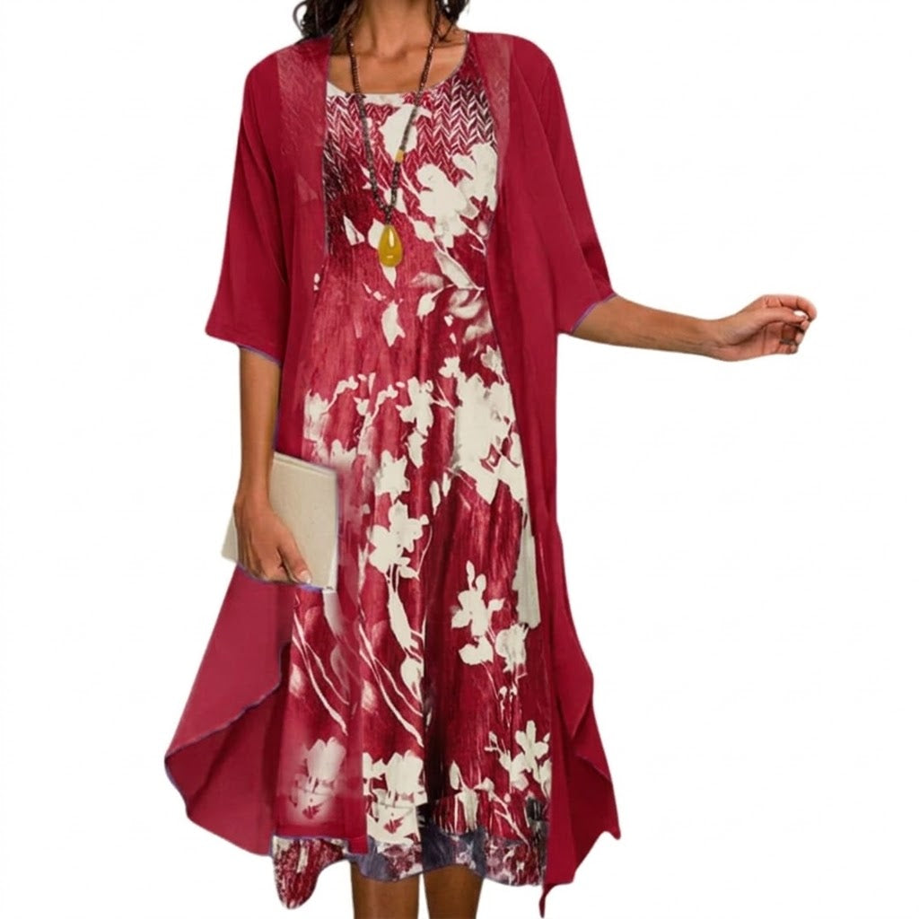 Flora Women’s Maxi Dress featuring a vibrant floral pattern paired with a stylish layered cardigan, perfect for spring and summer outings. 6