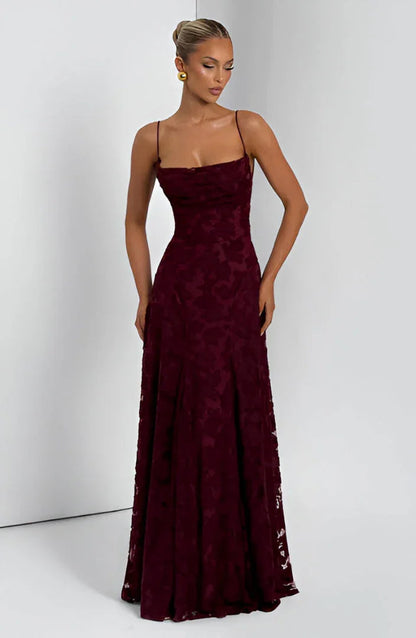 Flora Women’s Maxi Dress featuring thin straps and a vibrant floral pattern, perfect for summer outings and special occasions. 4