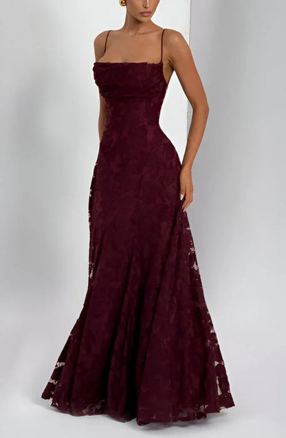 Flora Women’s Maxi Dress featuring thin straps and a vibrant floral pattern, perfect for summer outings and special occasions. 5