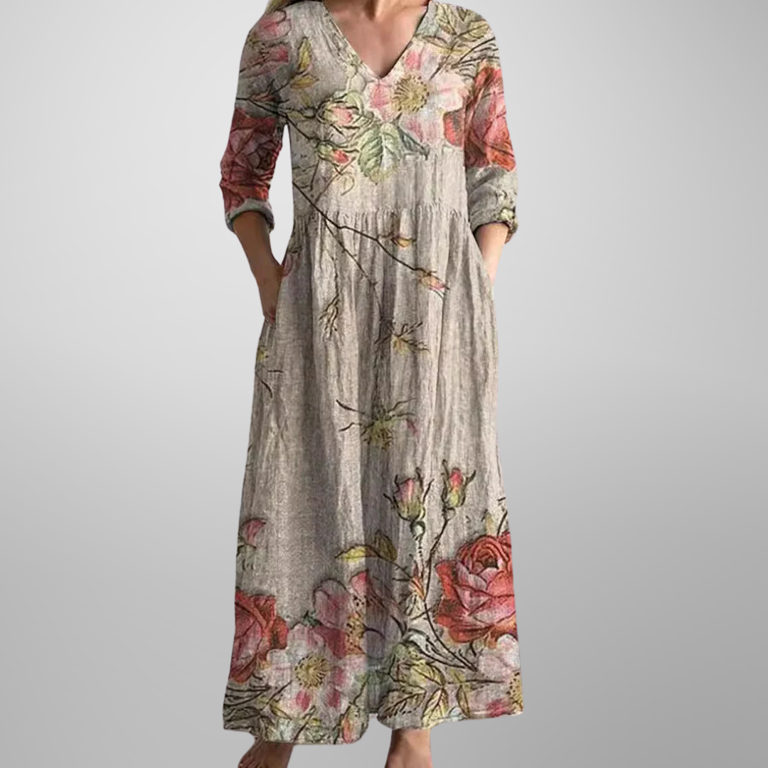 Flora Women’s Maxi Dress featuring a stylish V-neckline and rolled sleeves, perfect for casual outings and summer events. 0