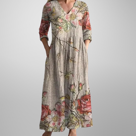 Flora Women’s Maxi Dress featuring a stylish V-neckline and rolled sleeves, perfect for casual outings and summer events. 0