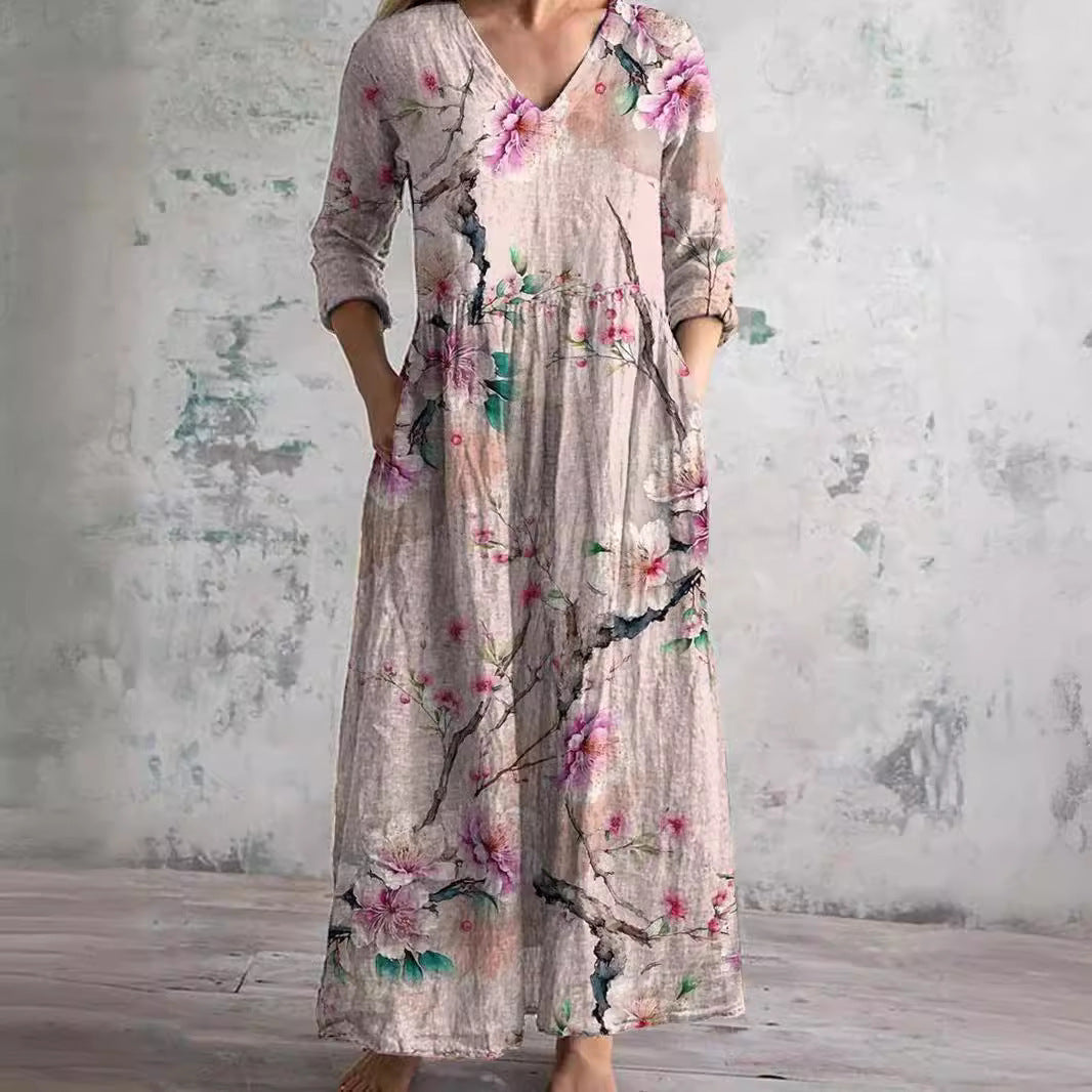 Flora Women’s Maxi Dress featuring a stylish V-neckline and rolled sleeves, perfect for casual outings and summer events. 1
