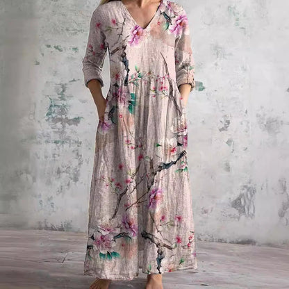 Flora Women’s Maxi Dress featuring a stylish V-neckline and rolled sleeves, perfect for casual outings and summer events. 1