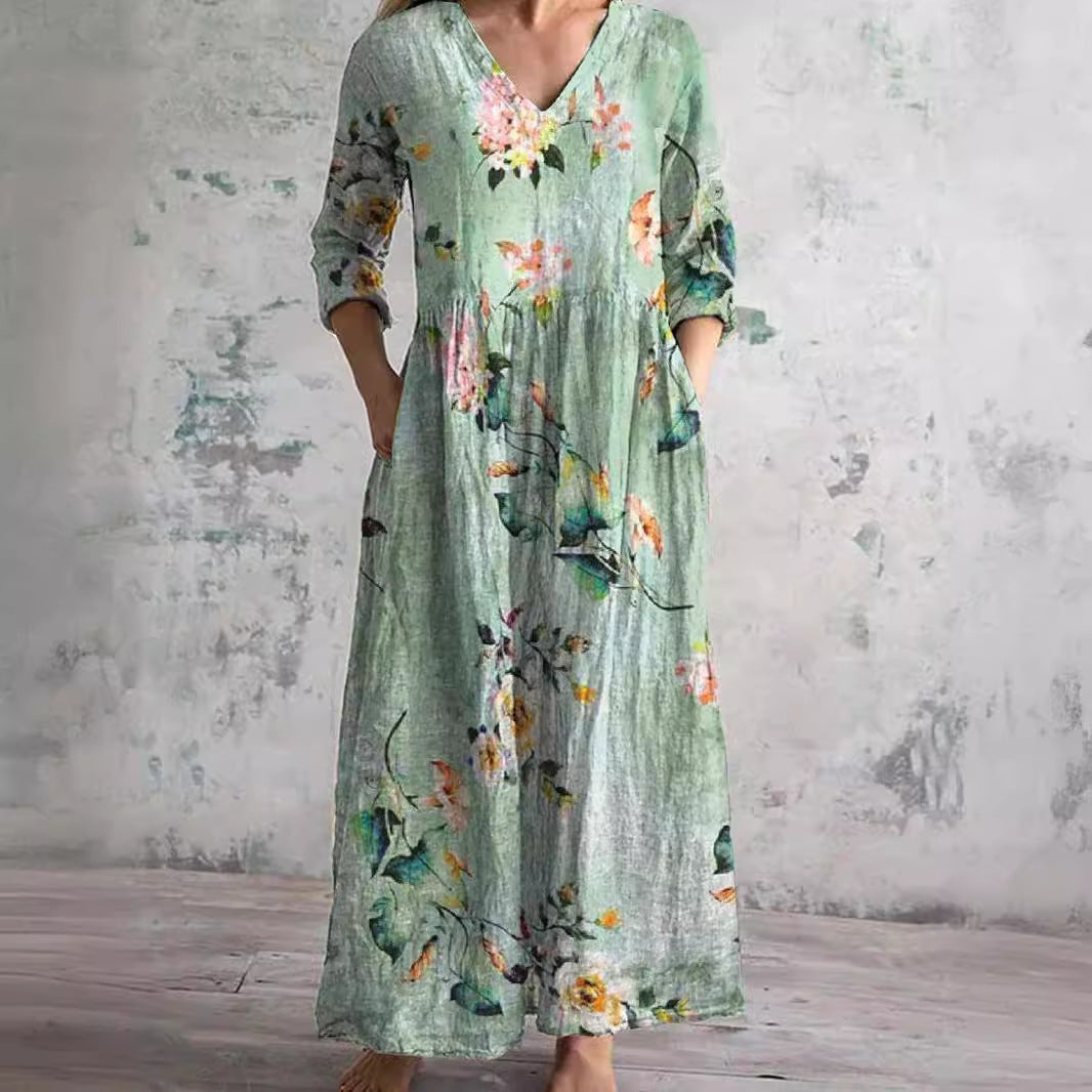 Flora Women’s Maxi Dress featuring a stylish V-neckline and rolled sleeves, perfect for casual outings and summer events. 2
