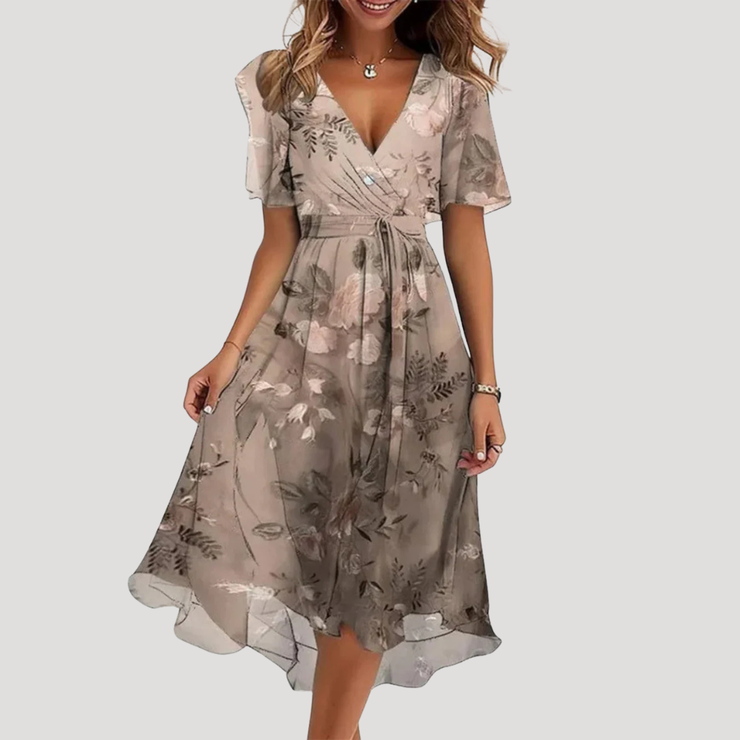 Flora Women’s Midi Dress featuring a stylish floral wrap design and a defined waist, perfect for summer outings and special occasions. 0