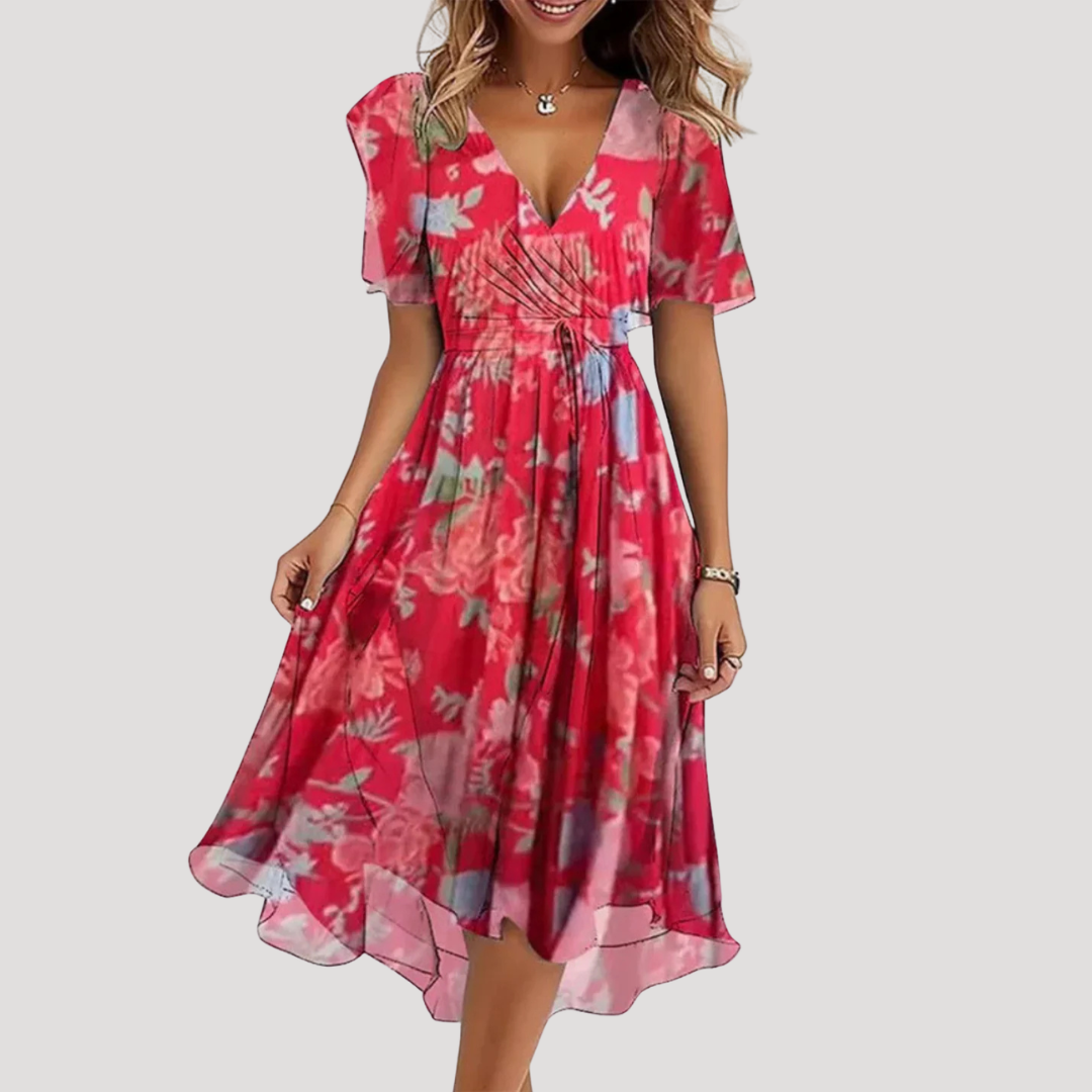 Flora Women’s Midi Dress featuring a stylish floral wrap design and a defined waist, perfect for summer outings and special occasions. 3