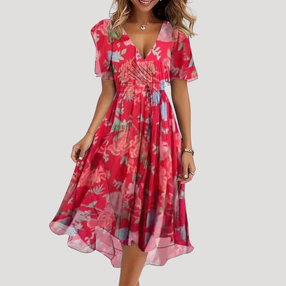 Flora Women’s Midi Dress featuring a stylish floral wrap design and a defined waist, perfect for summer outings and special occasions. 3