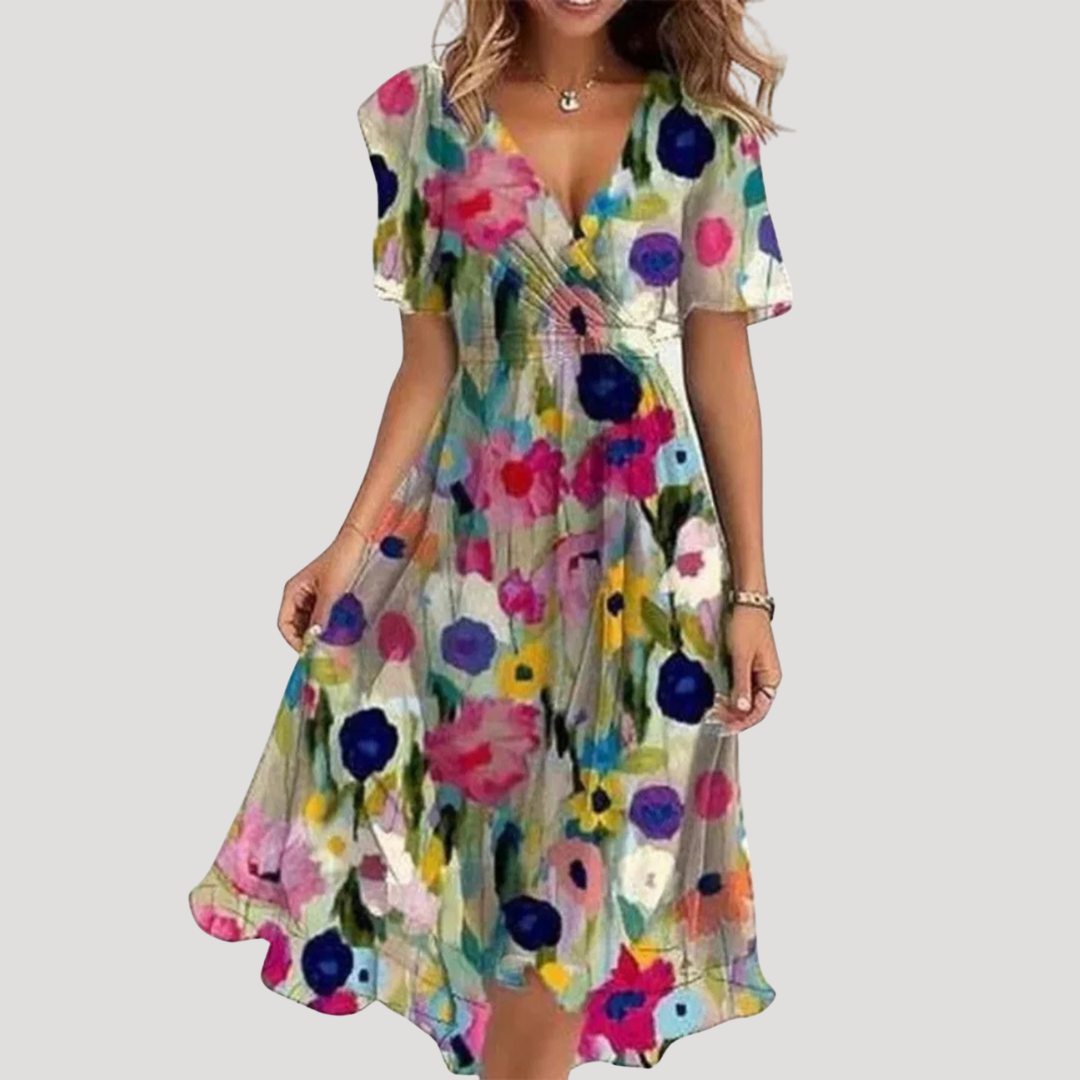 Flora Women’s Midi Dress featuring a stylish floral wrap design and a defined waist, perfect for summer outings and special occasions. 4