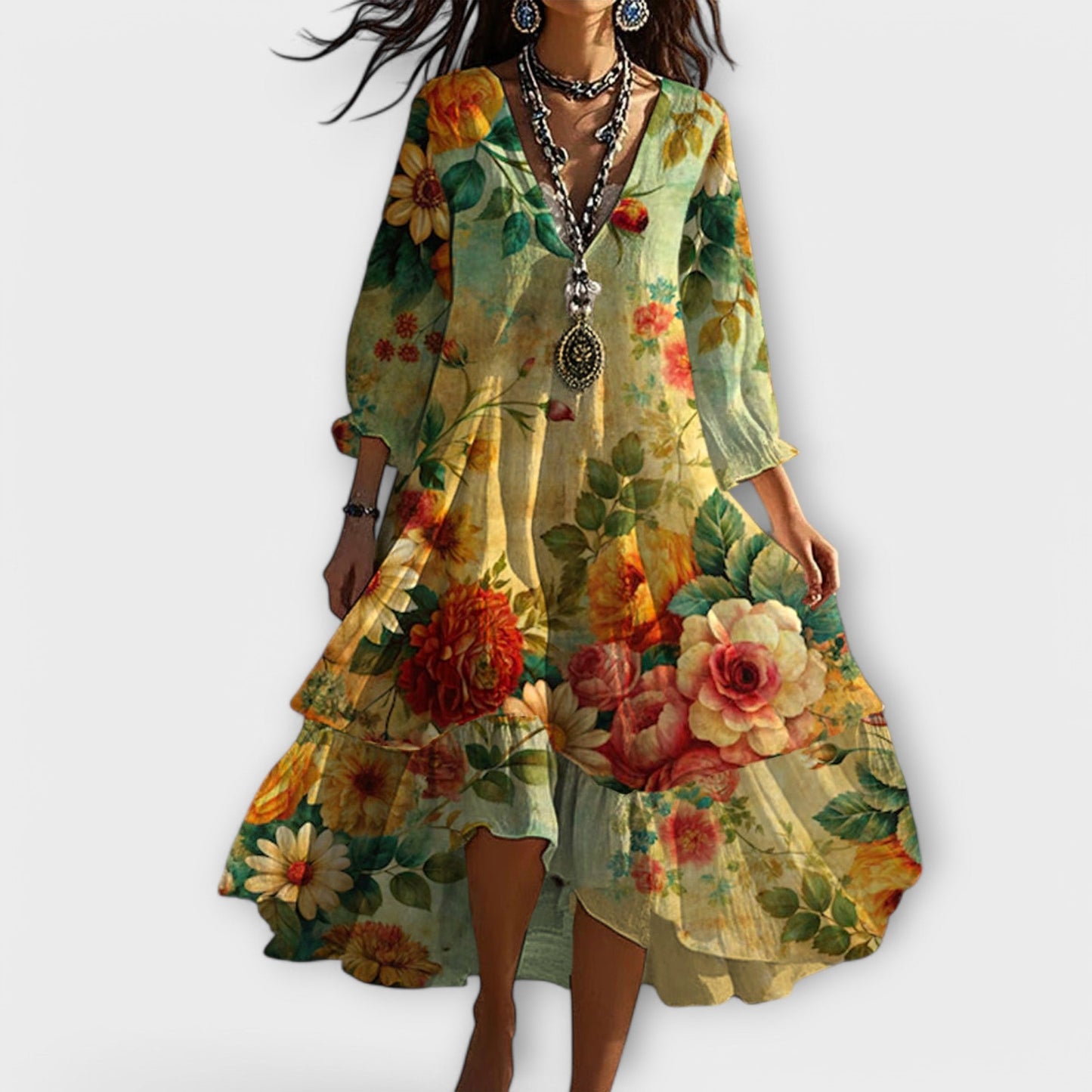 Flora Women's Midi Dress featuring a stylish V-neck, tiered hem, and vibrant floral print, perfect for spring and summer outings. 0