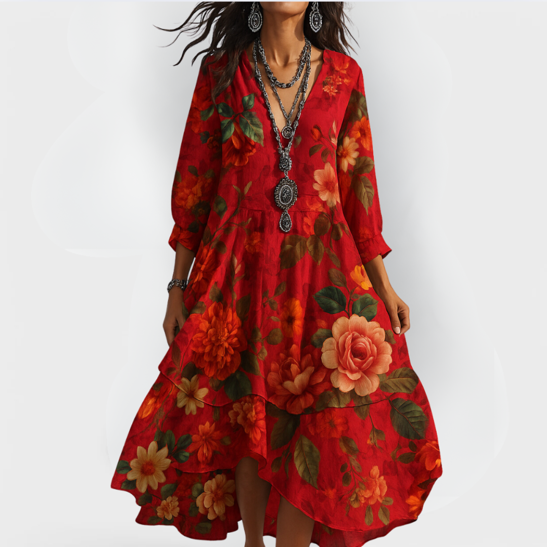 Flora Women's Midi Dress featuring a stylish V-neck, tiered hem, and vibrant floral print, perfect for spring and summer outings. 1