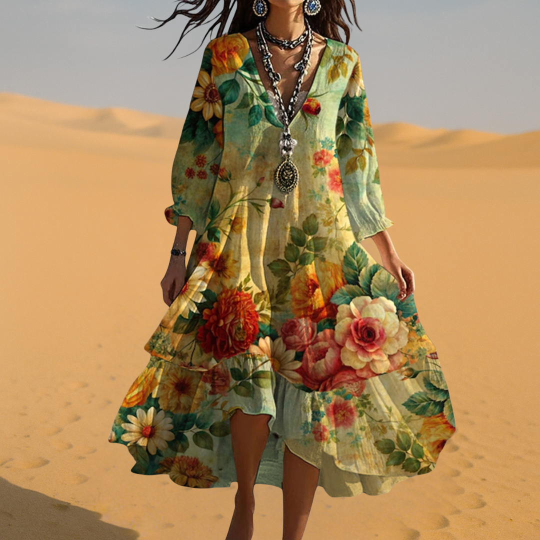 Flora Women's Midi Dress featuring a stylish V-neck, tiered hem, and vibrant floral print, perfect for spring and summer outings. 2