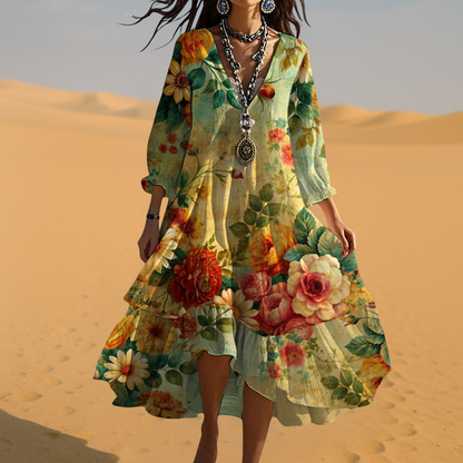 Flora Women's Midi Dress featuring a stylish V-neck, tiered hem, and vibrant floral print, perfect for spring and summer outings. 2