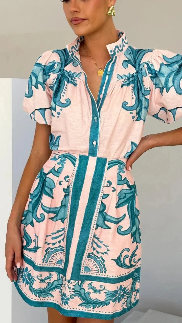 Flora Women's Mini Dress featuring stylish puff sleeves and an elegant baroque floral print, perfect for spring and summer outings. 10