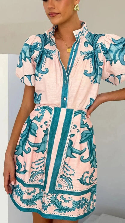 Flora Women's Mini Dress featuring stylish puff sleeves and an elegant baroque floral print, perfect for spring and summer outings. 10