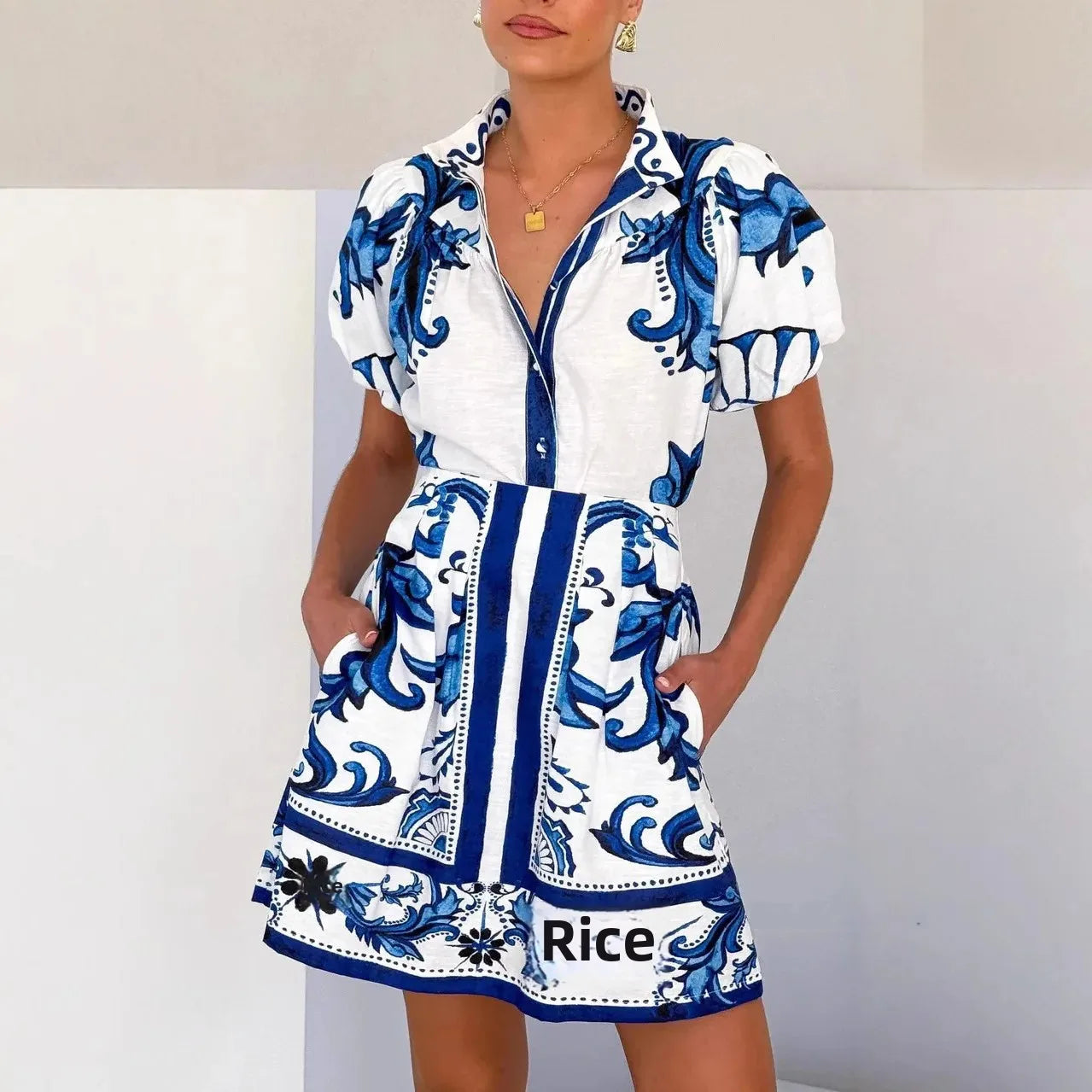 Flora Women's Mini Dress featuring stylish puff sleeves and an elegant baroque floral print, perfect for spring and summer outings. 2