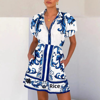 Flora Women's Mini Dress featuring stylish puff sleeves and an elegant baroque floral print, perfect for spring and summer outings. 2