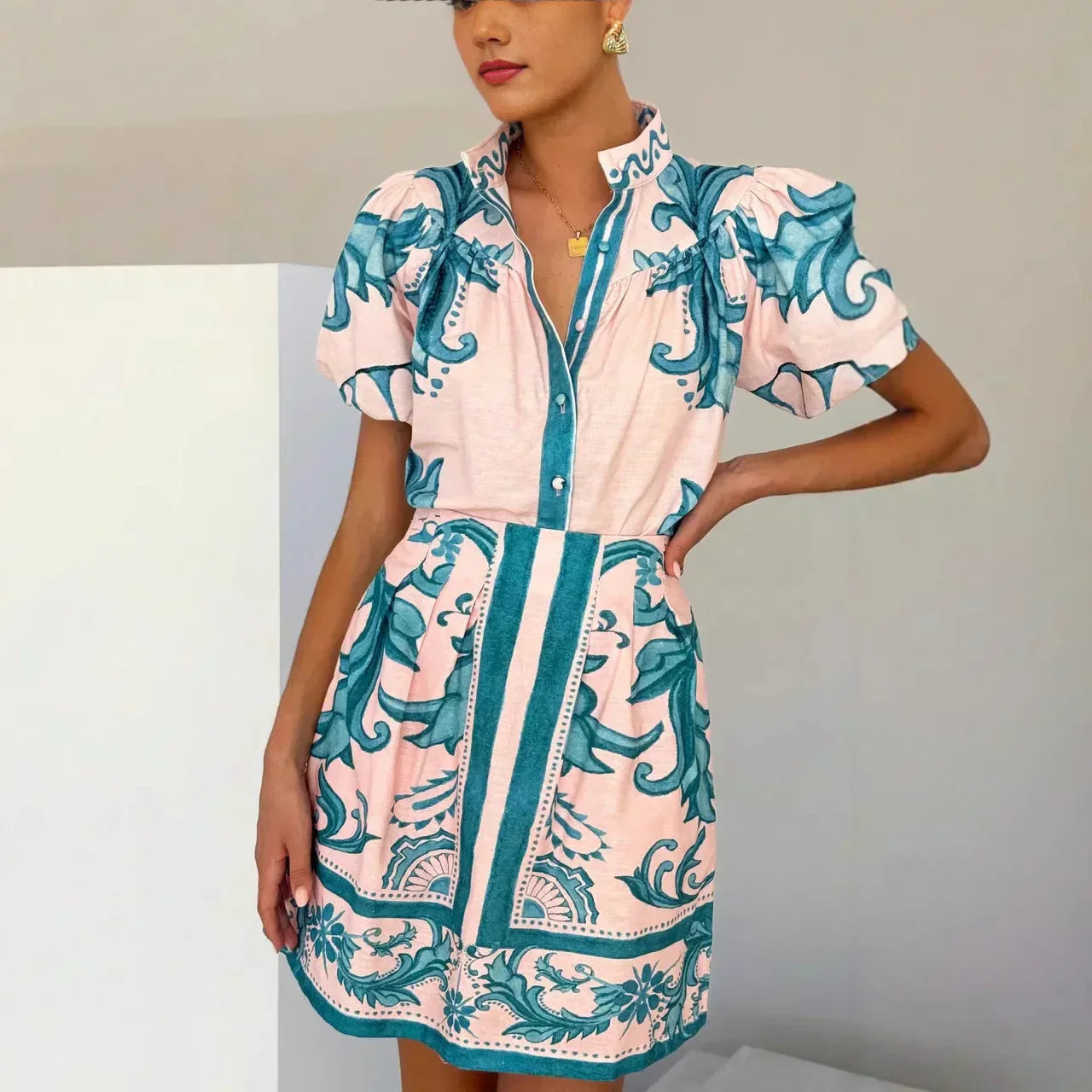 Flora Women's Mini Dress featuring stylish puff sleeves and an elegant baroque floral print, perfect for spring and summer outings. 3