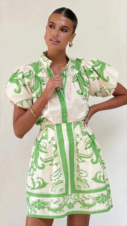 Flora Women's Mini Dress featuring stylish puff sleeves and an elegant baroque floral print, perfect for spring and summer outings. 9
