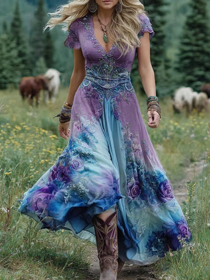 Gala Women’s Maxi Dress featuring a flattering V-neckline and vibrant multitone print, perfect for wedding guests looking for elegance and style. 0