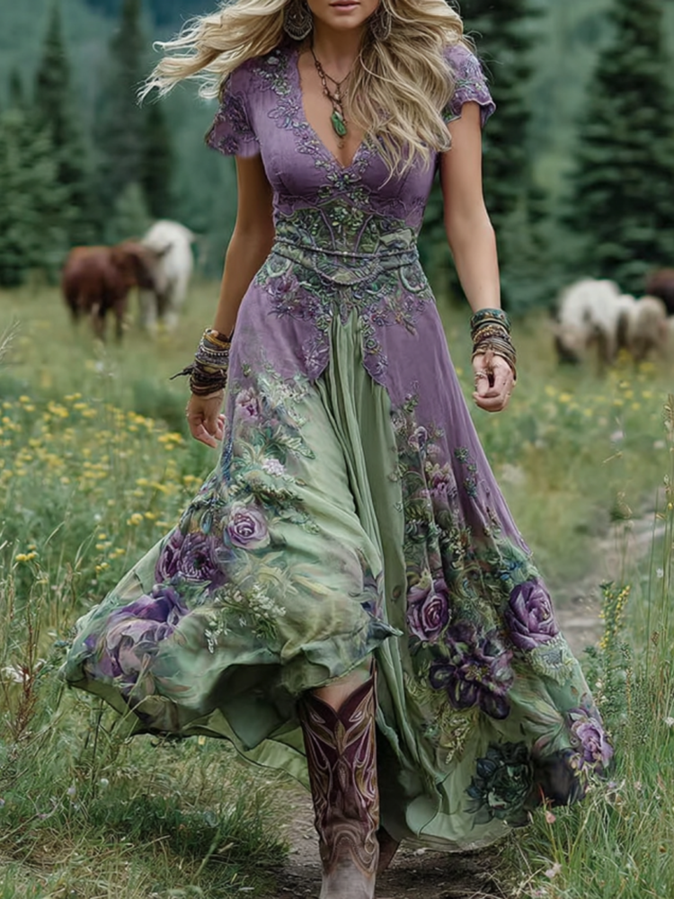 Gala Women’s Maxi Dress featuring a flattering V-neckline and vibrant multitone print, perfect for wedding guests looking for elegance and style. 1