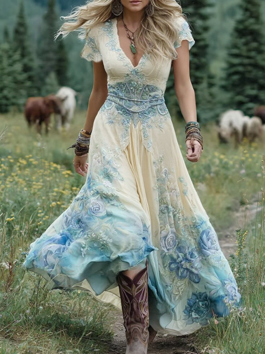 Gala Women’s Maxi Dress featuring a flattering V-neckline and vibrant multitone print, perfect for wedding guests looking for elegance and style. 2