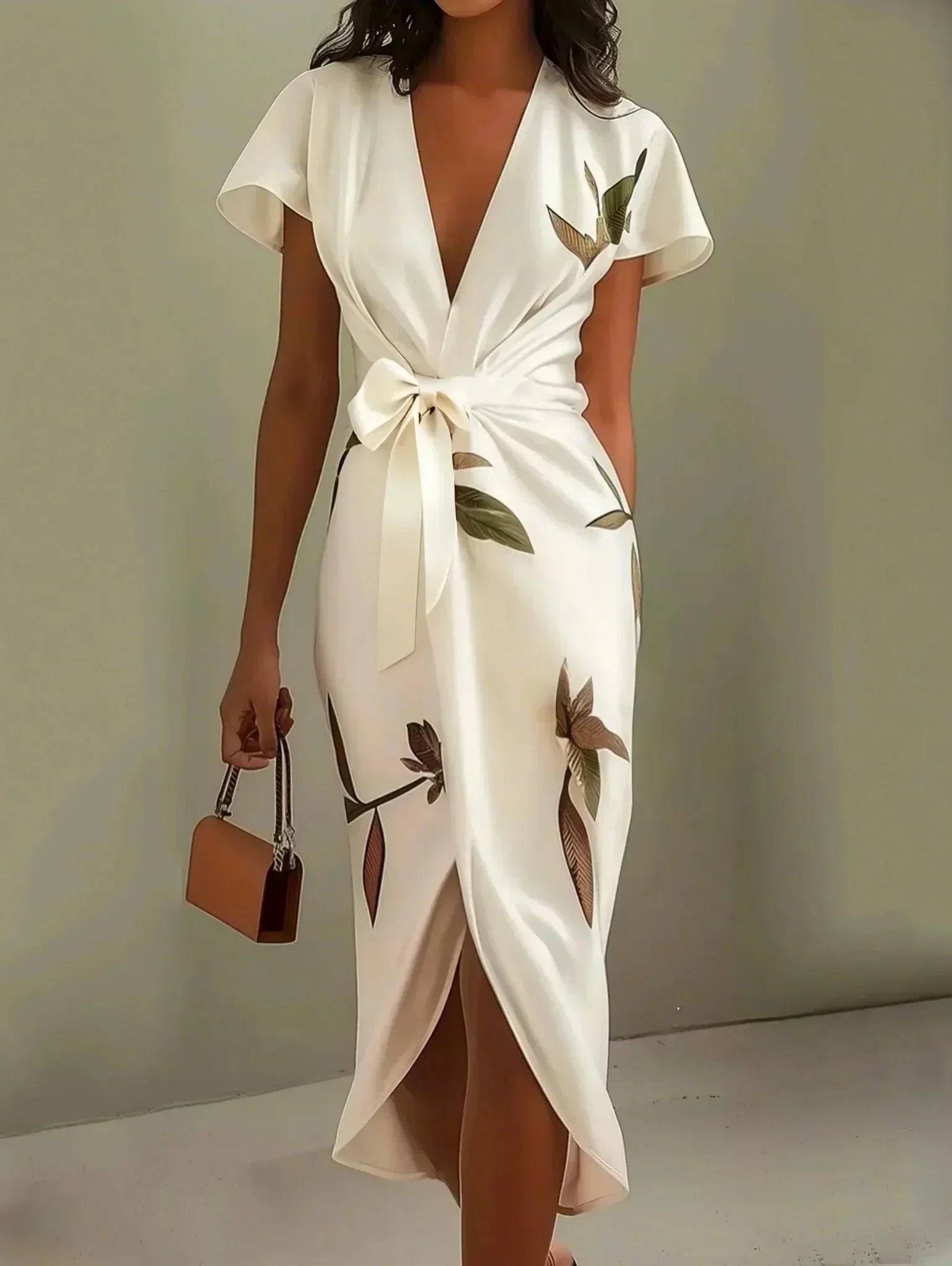 Gala Women’s Wrap Dress featuring an adjustable tie and a stylish leaf print design, perfect for versatile summer outings. 0