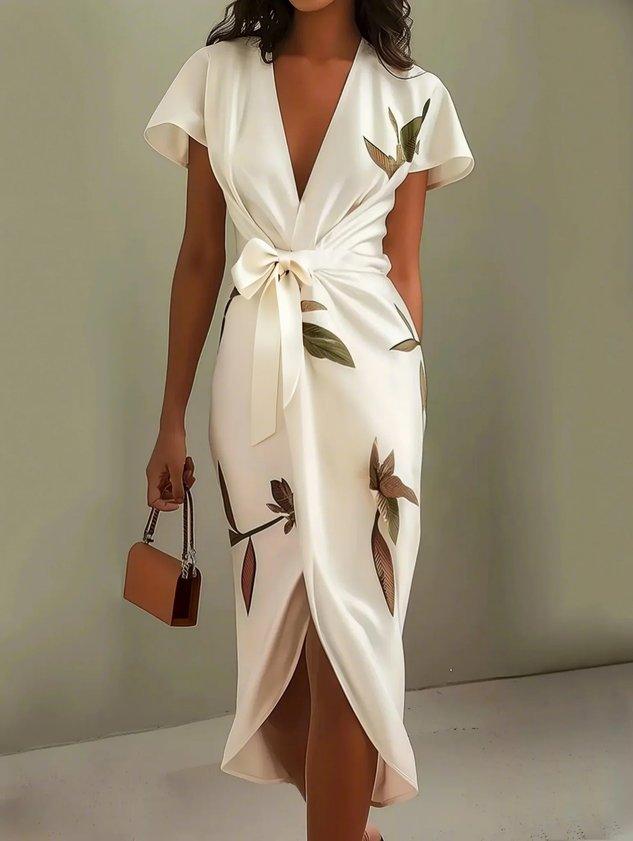 Gala Women’s Wrap Dress featuring an adjustable tie and a stylish leaf print design, perfect for versatile summer outings. 2