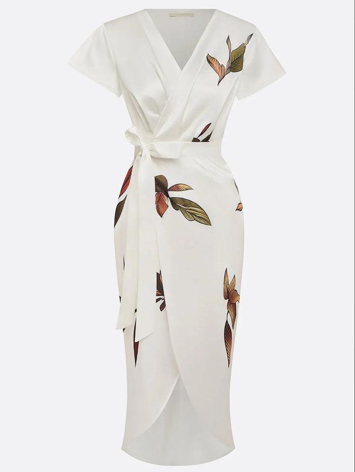Gala Women’s Wrap Dress featuring an adjustable tie and a stylish leaf print design, perfect for versatile summer outings. 5