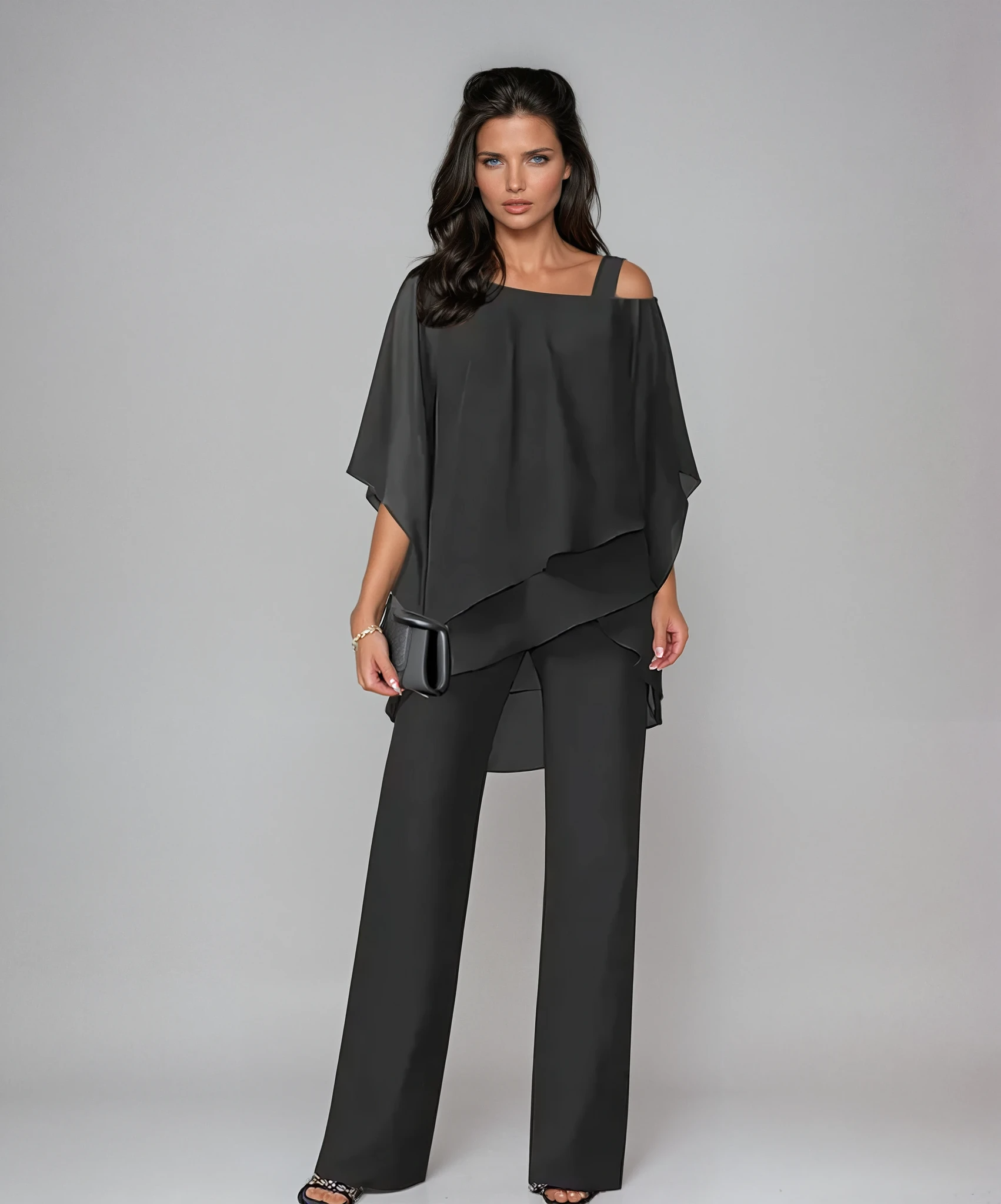 Gena Women’s Two-Piece Layered Set featuring wide-leg pants and a flowing top, perfect for stylish and comfortable outfits. 1