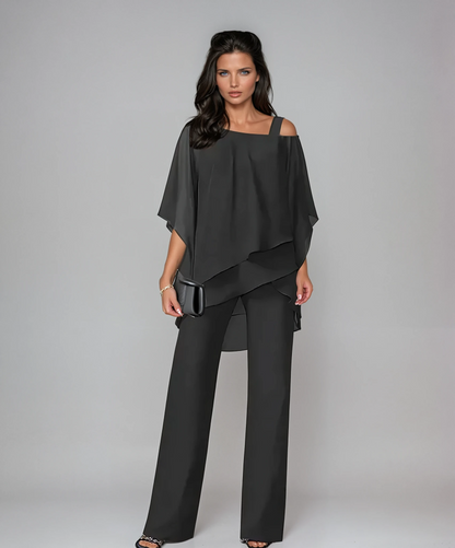 Gena Women’s Two-Piece Layered Set featuring wide-leg pants and a flowing top, perfect for stylish and comfortable outfits. 1