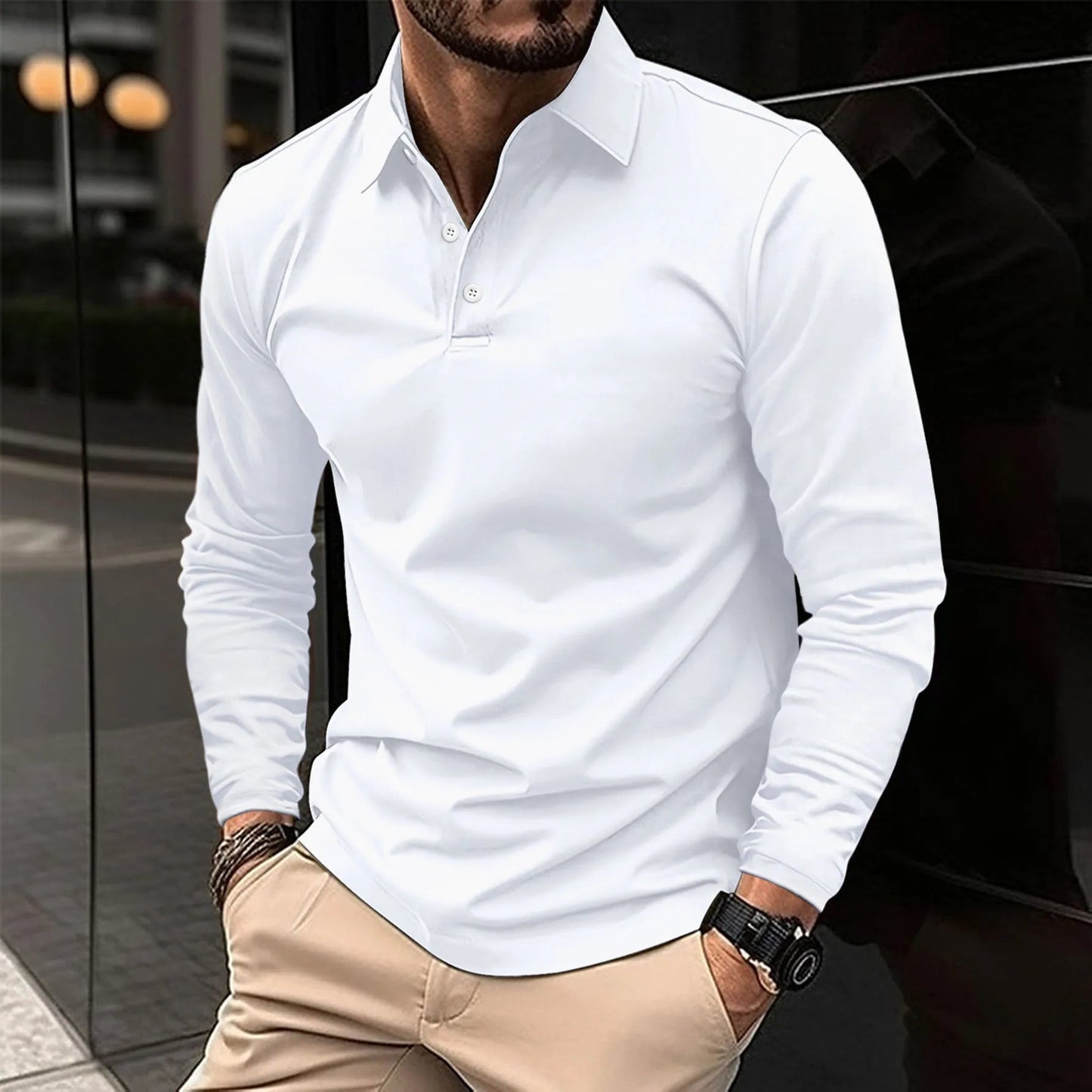 Gideon Men's Long Sleeve Polo Shirt featuring a stylish smart collar design, perfect for casual and formal occasions. 0