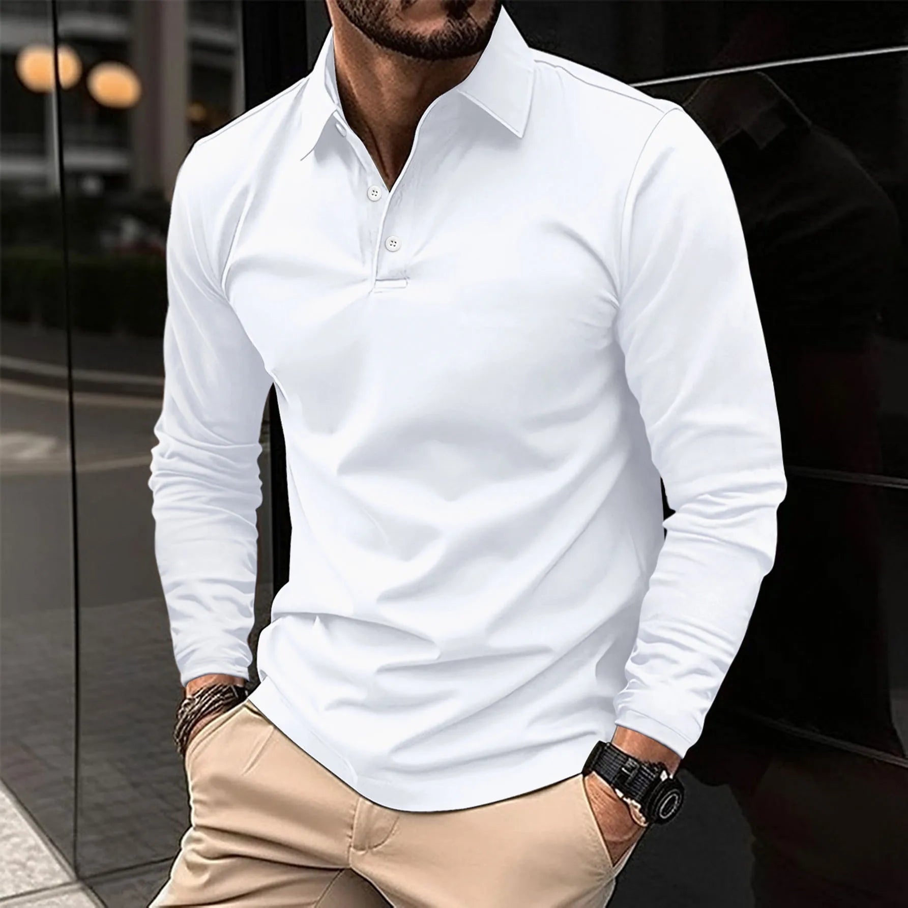 Gideon Men's Long Sleeve Polo Shirt featuring a stylish smart collar design, perfect for casual and formal occasions. 0