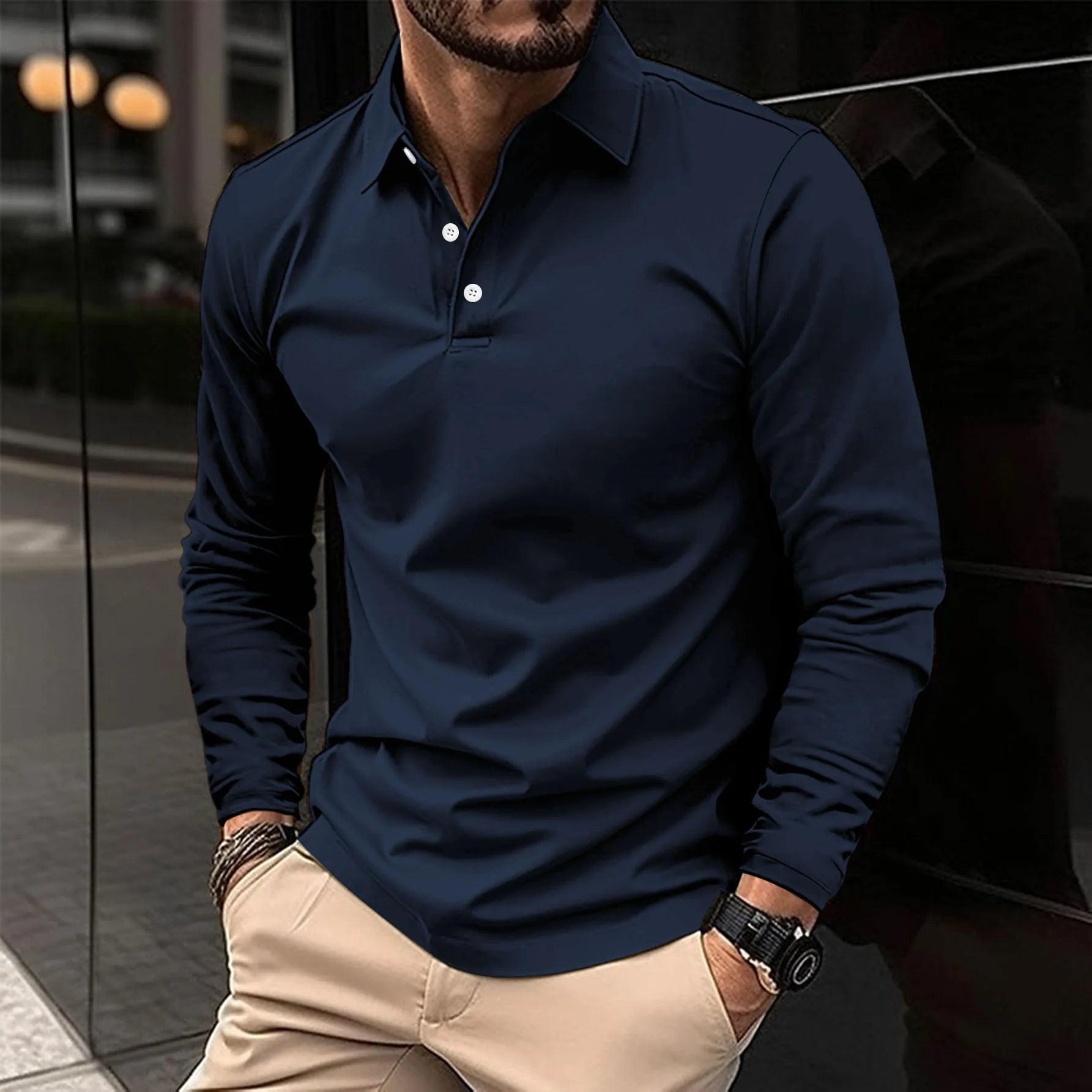 Gideon Men's Long Sleeve Polo Shirt featuring a stylish smart collar design, perfect for casual and formal occasions. 1