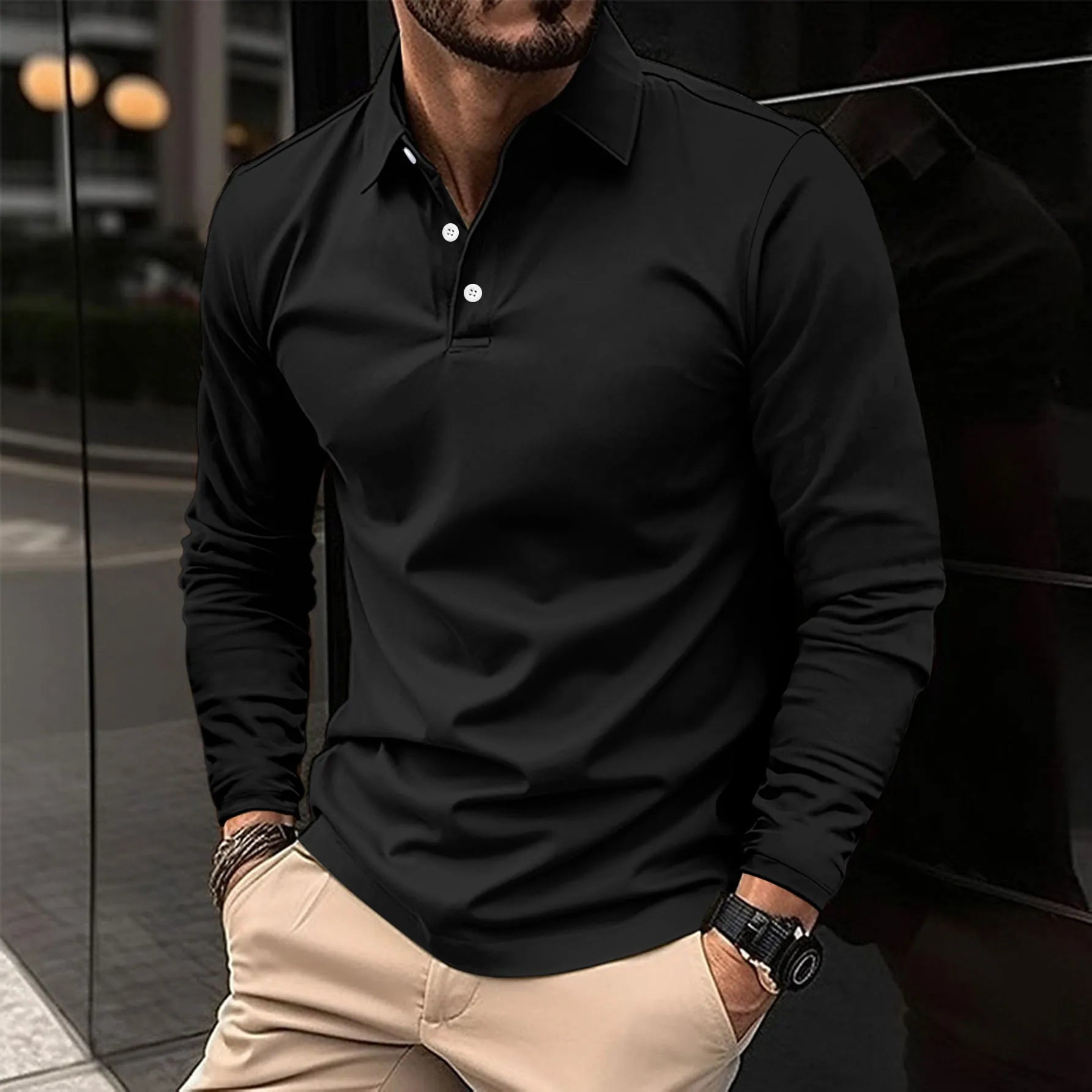 Gideon Men's Long Sleeve Polo Shirt featuring a stylish smart collar design, perfect for casual and formal occasions. 3