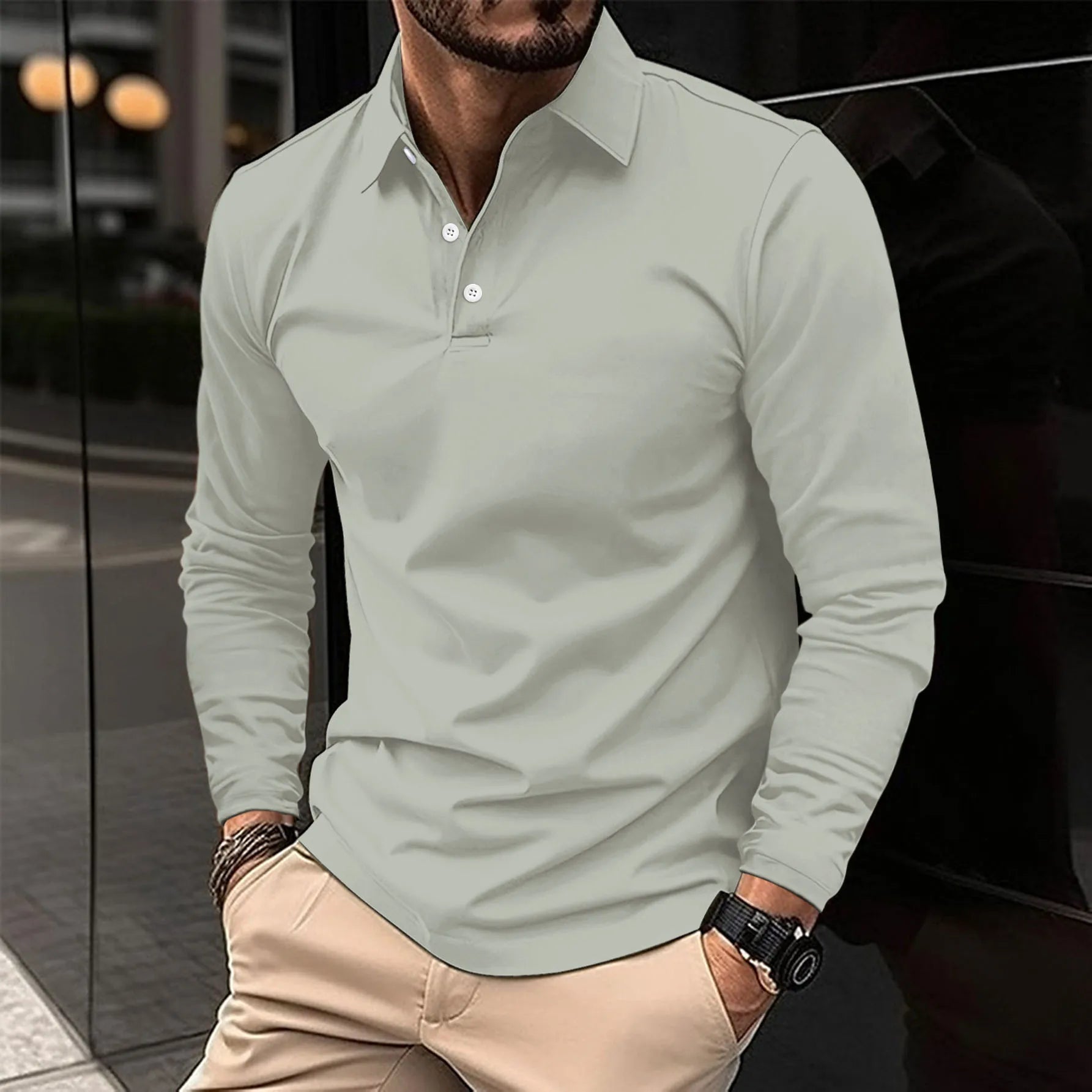 Gideon Men's Long Sleeve Polo Shirt featuring a stylish smart collar design, perfect for casual and formal occasions. 4