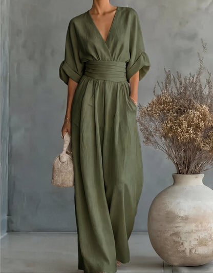 Gina Women’s Jumpsuit featuring a stylish wrap bodice and elegant wide-leg design, perfect for casual outings or special occasions. 11