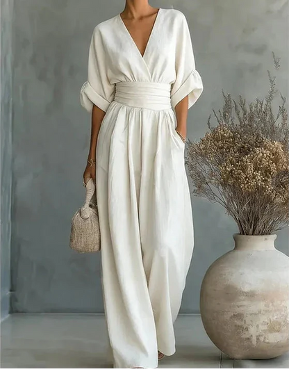 Gina Women’s Jumpsuit featuring a stylish wrap bodice and elegant wide-leg design, perfect for casual outings or special occasions. 3