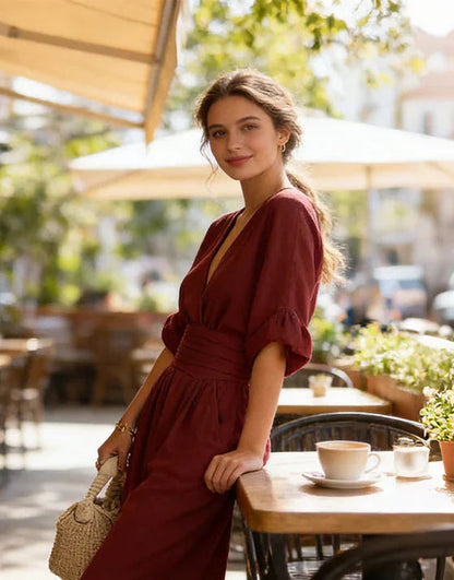Gina Women’s Jumpsuit featuring a stylish wrap bodice and elegant wide-leg design, perfect for casual outings or special occasions. 4