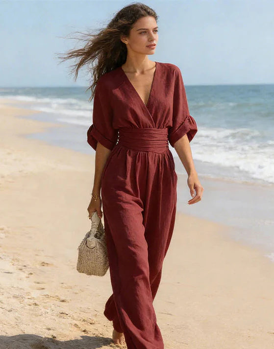 Gina Women’s Jumpsuit featuring a stylish wrap bodice and elegant wide-leg design, perfect for casual outings or special occasions. 5