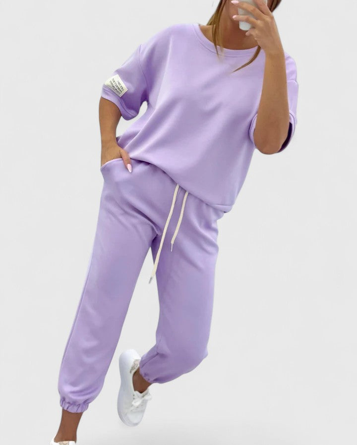 Glory Women’s Comfortable Set featuring a stylish half-moon sleeve top and adjustable ankle-length trousers, perfect for casual outings and relaxed days at home. 0