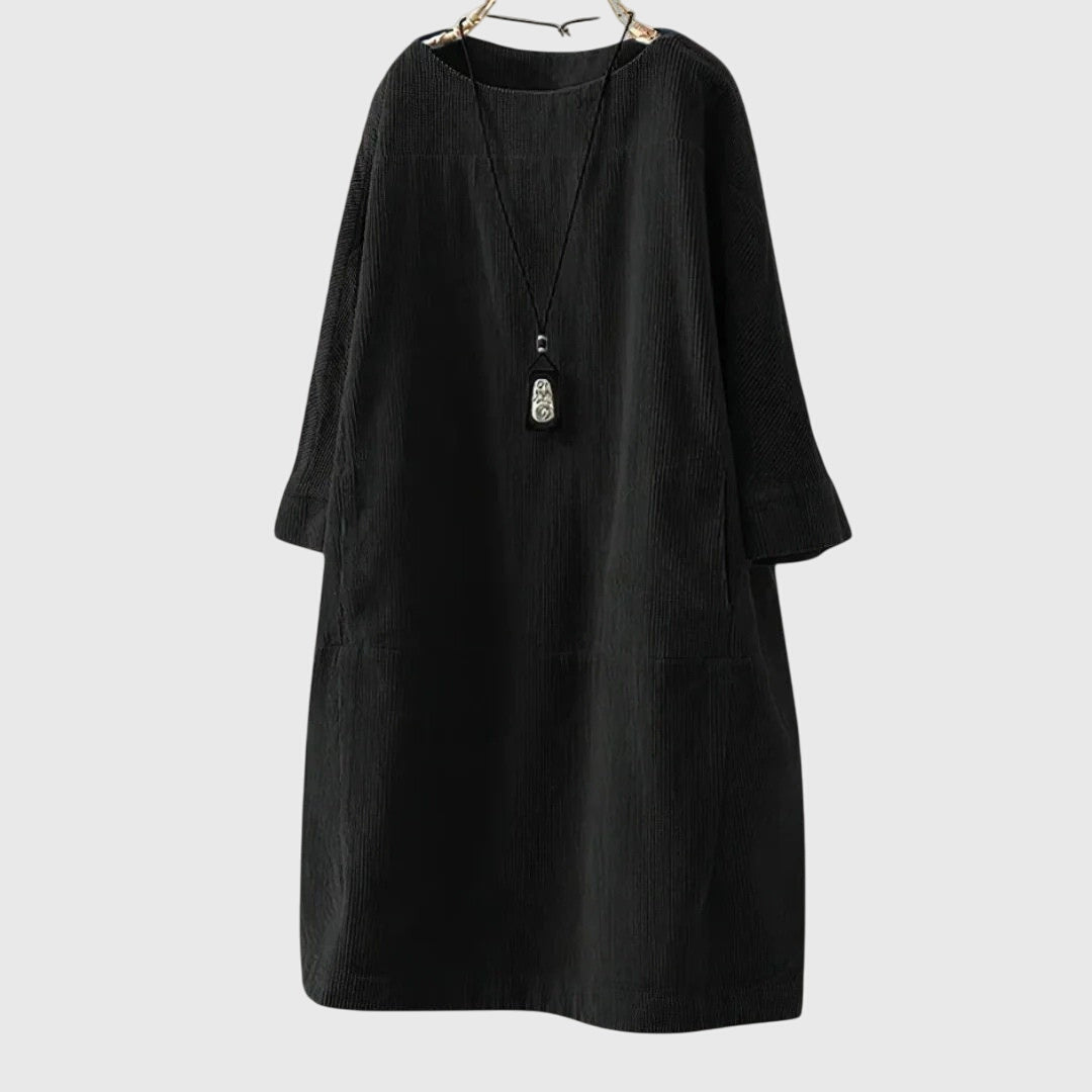 Grace Women’s Midi Dress featuring a relaxed fit and soft corduroy texture, perfect for casual outings and stylish comfort. 1