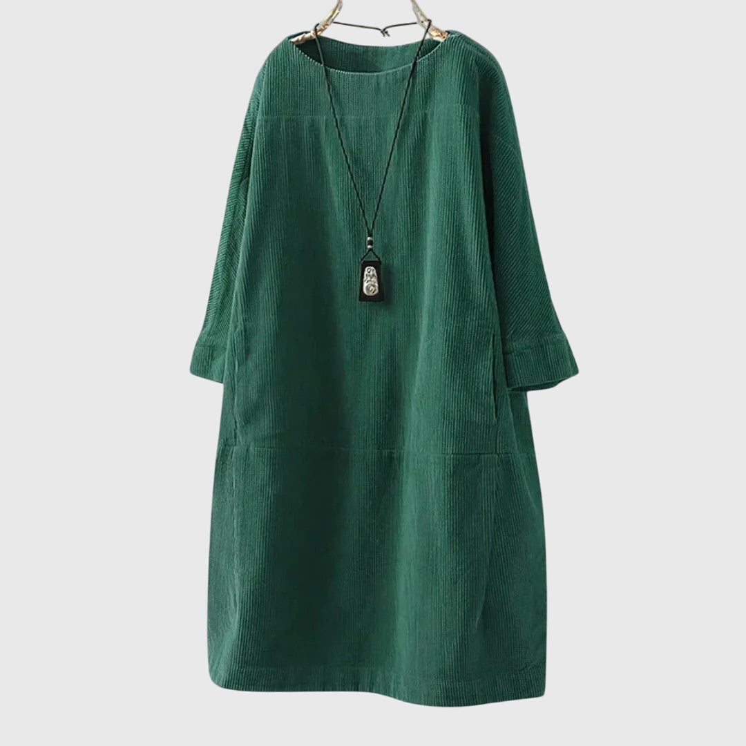 Grace Women’s Midi Dress featuring a relaxed fit and soft corduroy texture, perfect for casual outings and stylish comfort. 2