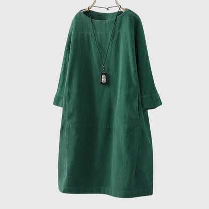 Grace Women’s Midi Dress featuring a relaxed fit and soft corduroy texture, perfect for casual outings and stylish comfort. 2