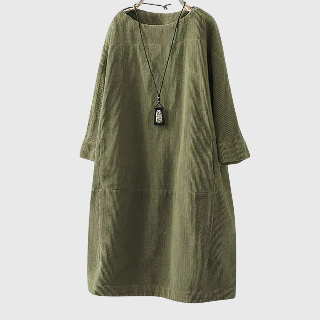 Grace Women’s Midi Dress featuring a relaxed fit and soft corduroy texture, perfect for casual outings and stylish comfort. 4