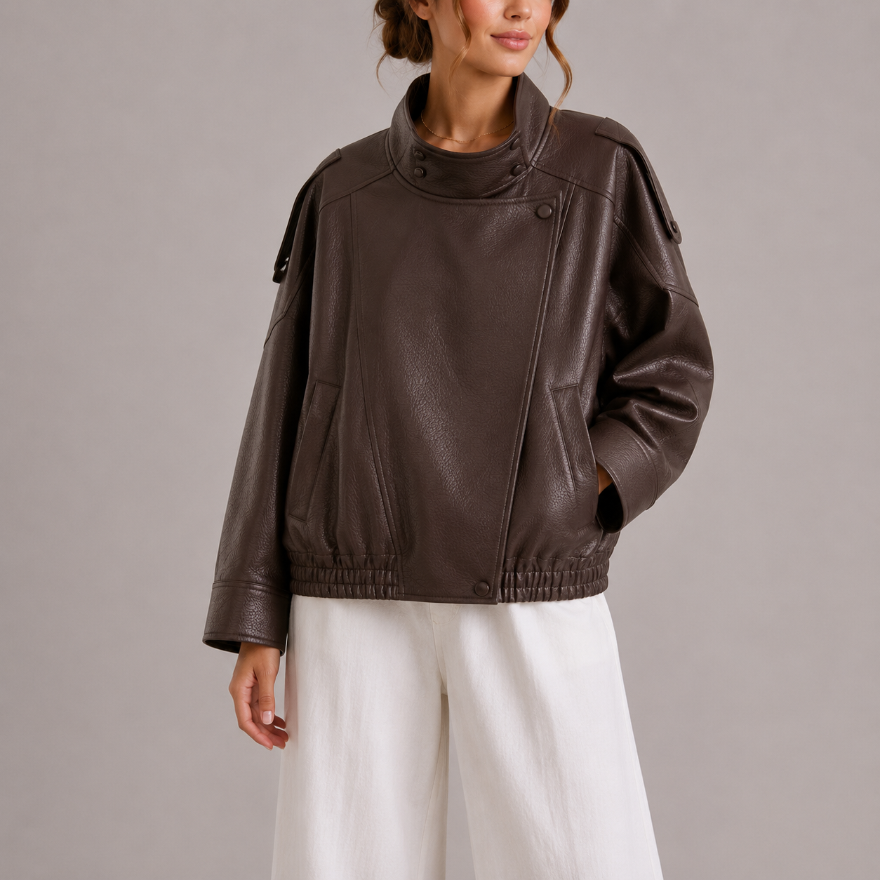 Haven Women's Bomber Jacket featuring a stylish faux leather design, high collar, and oversized fit, perfect for trendy fall and winter outfits. 0
