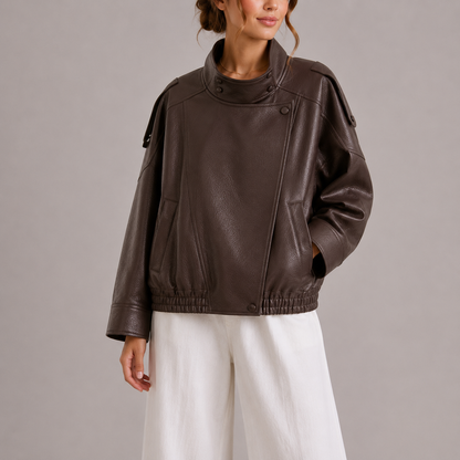 Haven Women's Bomber Jacket featuring a stylish faux leather design, high collar, and oversized fit, perfect for trendy fall and winter outfits. 0