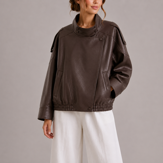 Haven Women's Bomber Jacket featuring a stylish faux leather design, high collar, and oversized fit, perfect for trendy fall and winter outfits. 0